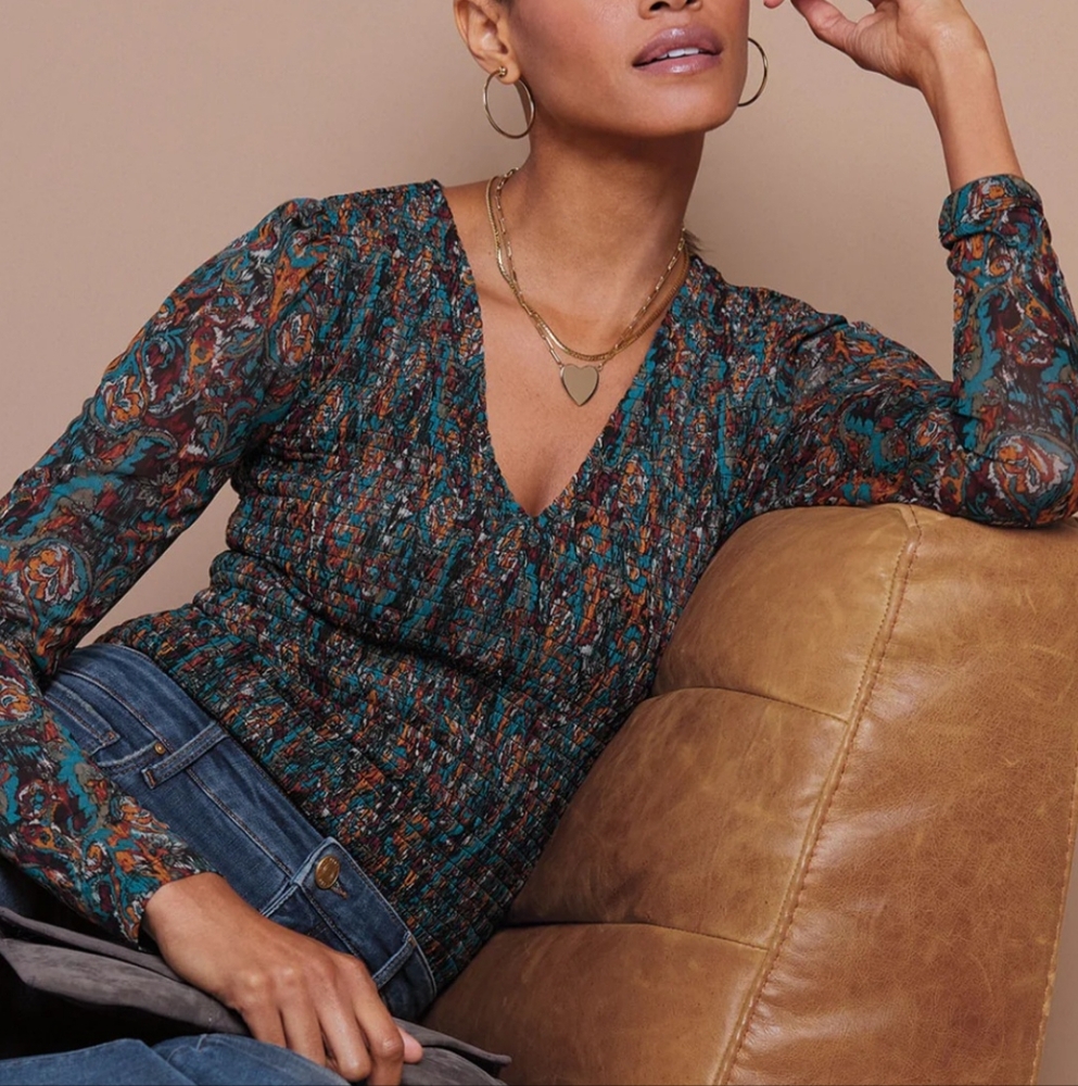 Evereve Kate Printed Rushed Mesh Top